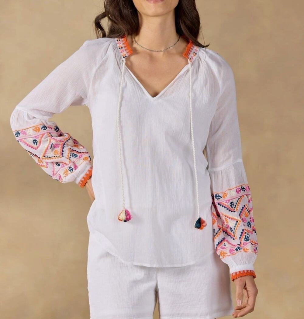 Sundance Leda Embroidered Top Peasant Blouse White Cotton Tassels Long Sleeve